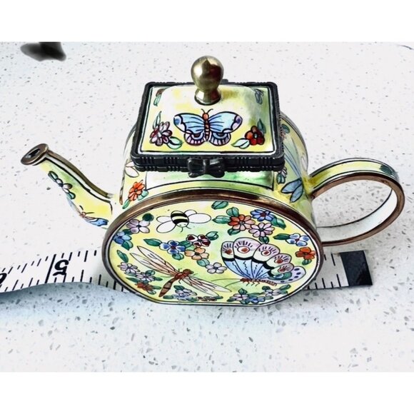 Signed Kelvin Chen Cloisonné Enamel Mini Teapot Butterfly & Dragonfly Design COA - Picture 10 of 11